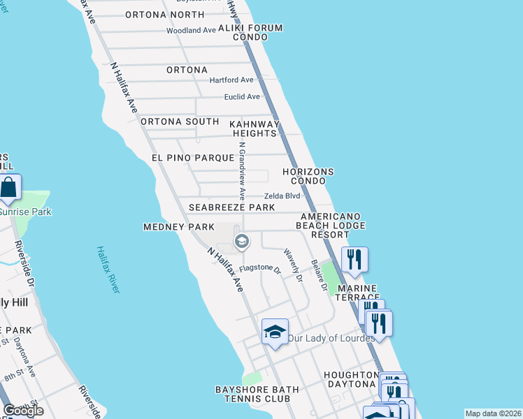 map of restaurants, bars, coffee shops, grocery stores, and more near 407 Golf Boulevard in Daytona Beach