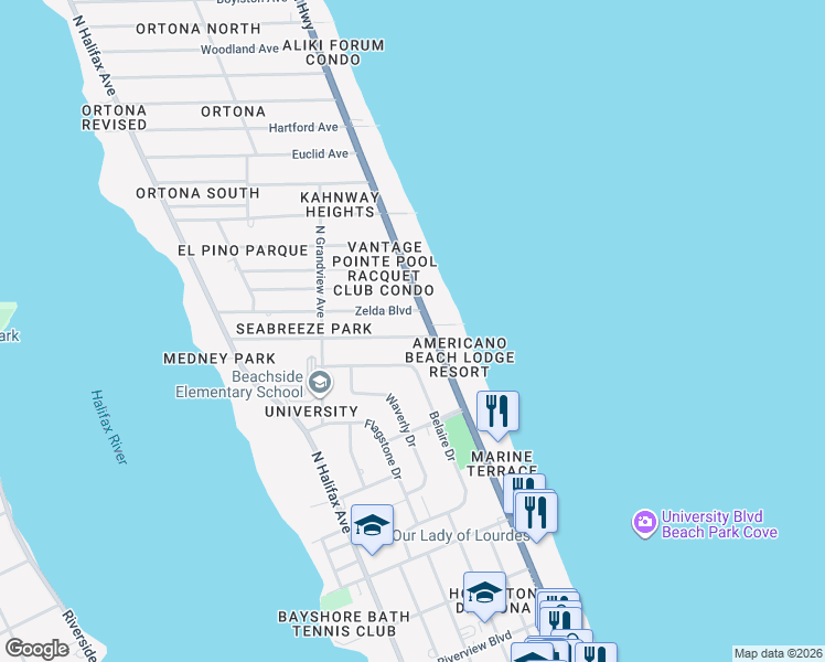 map of restaurants, bars, coffee shops, grocery stores, and more near 485 Golf Boulevard in Daytona Beach