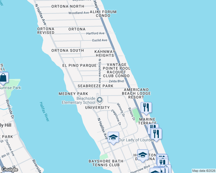 map of restaurants, bars, coffee shops, grocery stores, and more near 407 Golf Boulevard in Daytona Beach