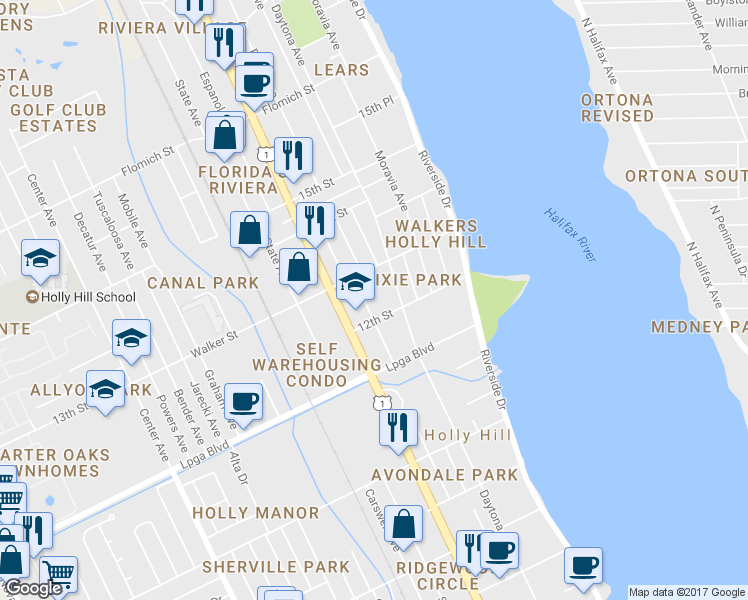 map of restaurants, bars, coffee shops, grocery stores, and more near 1219 Holly Avenue in Daytona Beach