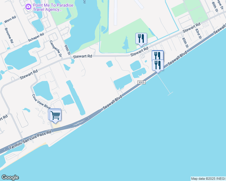 map of restaurants, bars, coffee shops, grocery stores, and more near 9520 Seawall Boulevard in Galveston