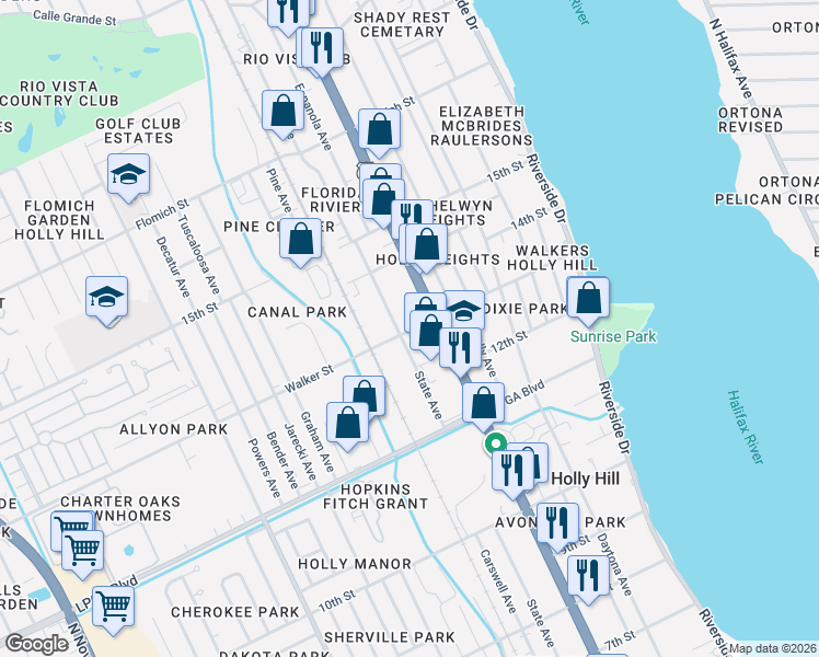 map of restaurants, bars, coffee shops, grocery stores, and more near 324 Walker Street in Holly Hill