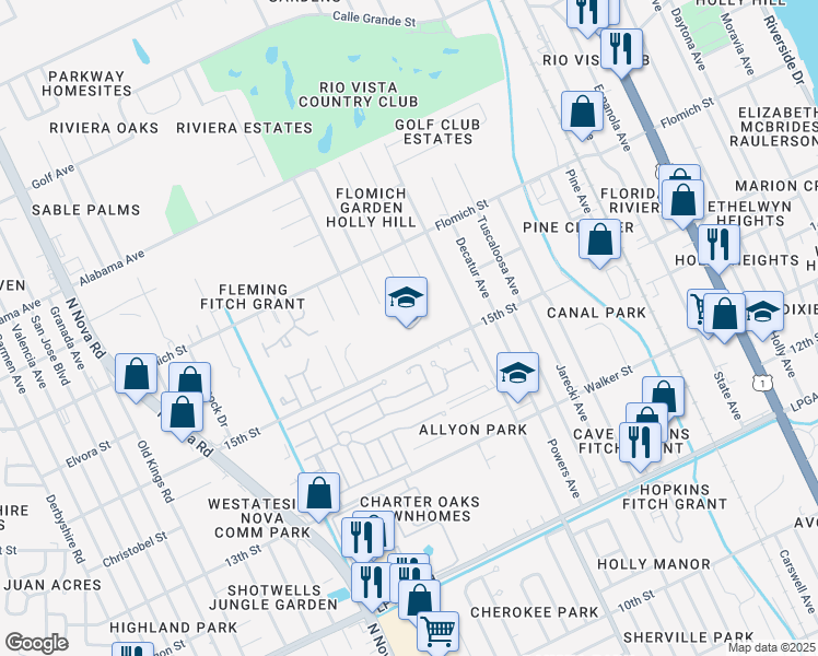 map of restaurants, bars, coffee shops, grocery stores, and more near 1500 Center Avenue in Holly Hill