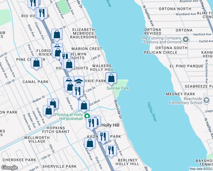 map of restaurants, bars, coffee shops, grocery stores, and more near 1122 Riverside Drive in Holly Hill