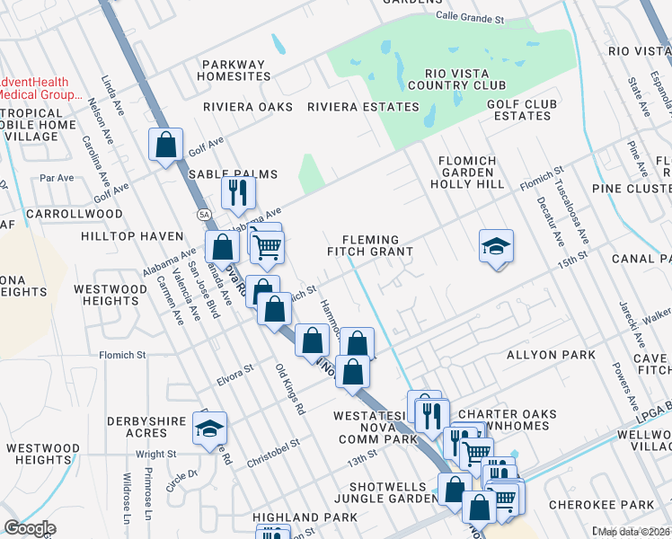 map of restaurants, bars, coffee shops, grocery stores, and more near 1094 Flomich Street in Holly Hill