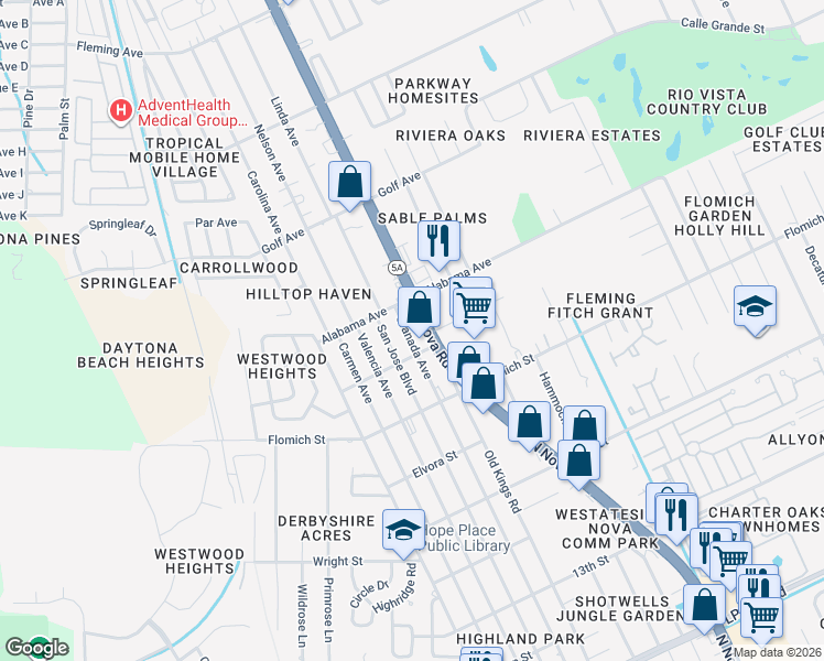 map of restaurants, bars, coffee shops, grocery stores, and more near 1966 North Nova Road in Holly Hill
