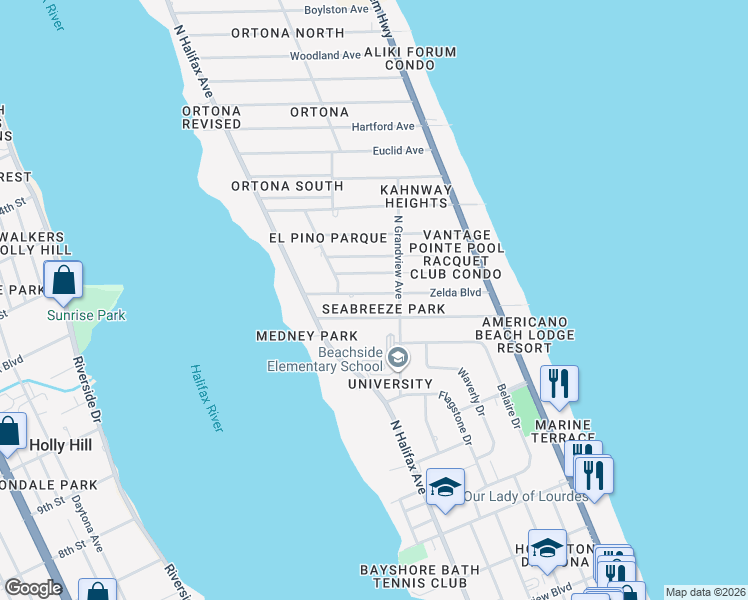 map of restaurants, bars, coffee shops, grocery stores, and more near 343 Golf Boulevard in Daytona Beach