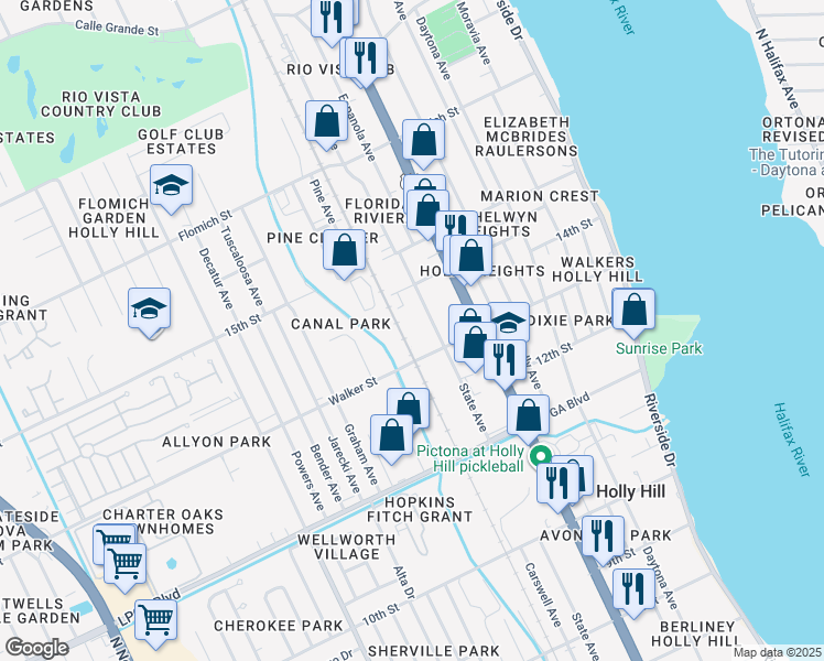 map of restaurants, bars, coffee shops, grocery stores, and more near 360 Walker Street in Daytona Beach