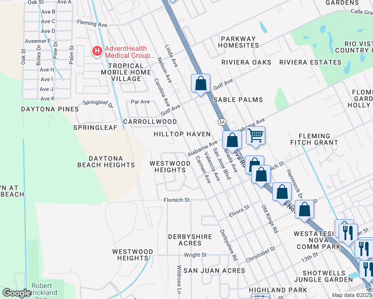 map of restaurants, bars, coffee shops, grocery stores, and more near 1736 Derbyshire Road in Daytona Beach