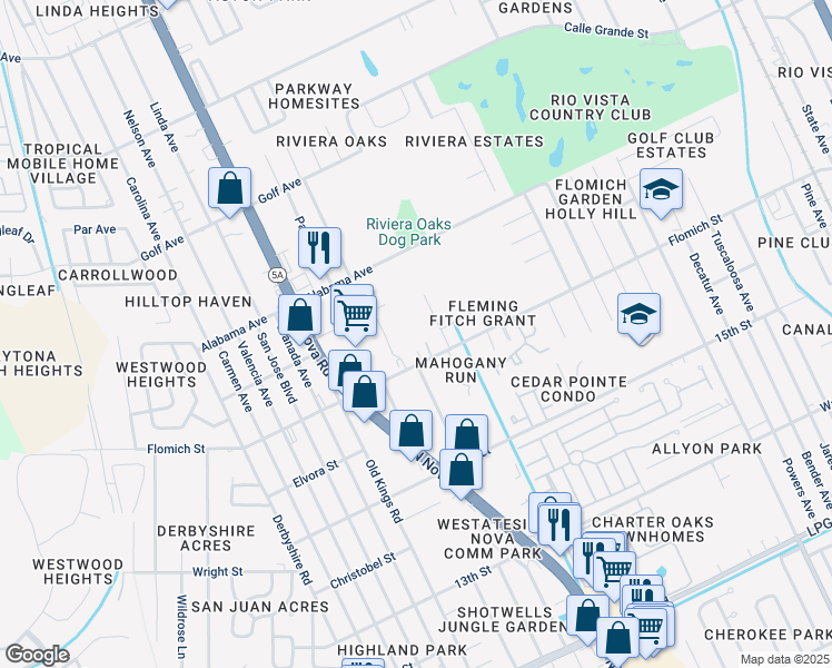 map of restaurants, bars, coffee shops, grocery stores, and more near 1609 Spring Garden Court in Holly Hill