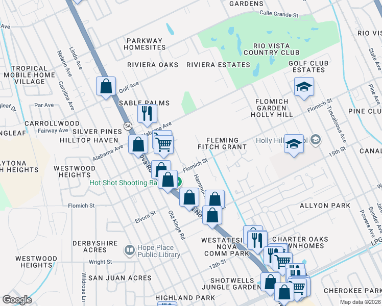 map of restaurants, bars, coffee shops, grocery stores, and more near 1094 Flomich Street in Holly Hill