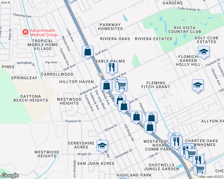 map of restaurants, bars, coffee shops, grocery stores, and more near 1971 Charleston House Way in Daytona Beach