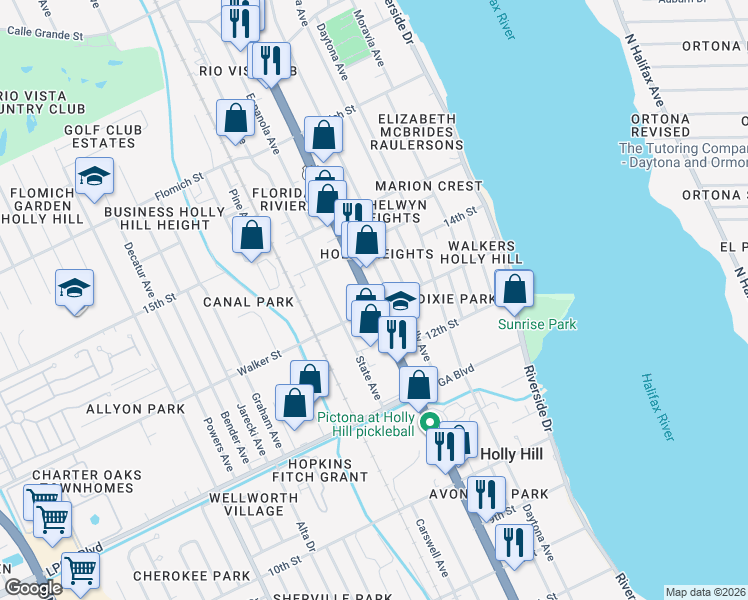 map of restaurants, bars, coffee shops, grocery stores, and more near 1321 Ridgewood Avenue in Daytona Beach