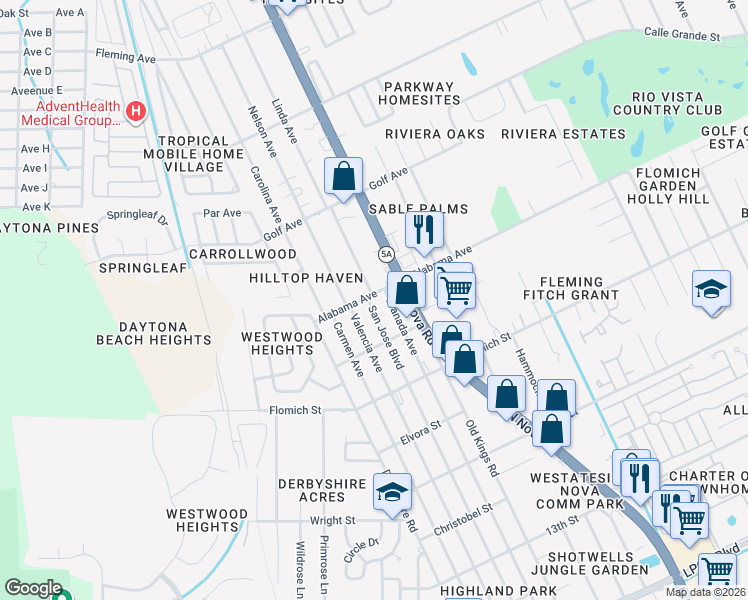 map of restaurants, bars, coffee shops, grocery stores, and more near 1208 Alabama Avenue in Holly Hill