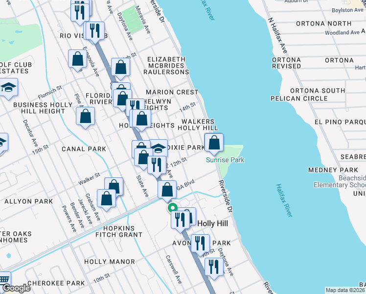 map of restaurants, bars, coffee shops, grocery stores, and more near 1236 Dixie Avenue in Daytona Beach
