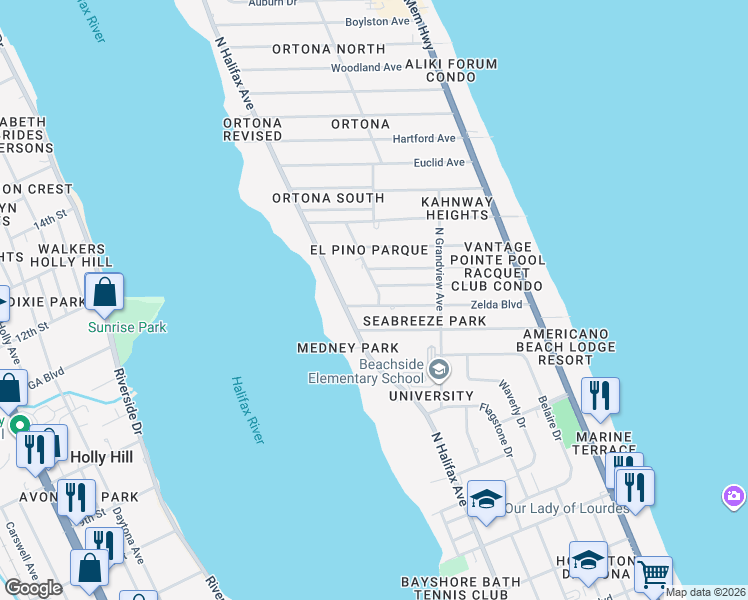 map of restaurants, bars, coffee shops, grocery stores, and more near 1460 North Peninsula Drive in Daytona Beach