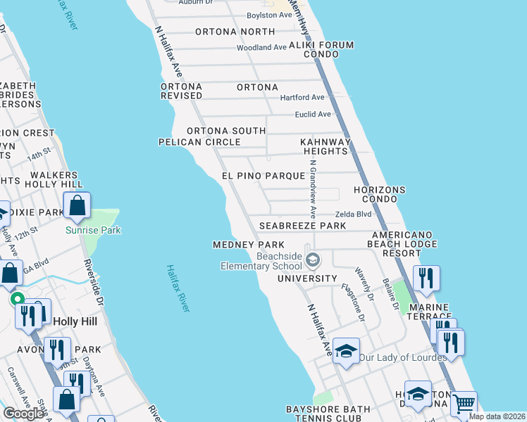 map of restaurants, bars, coffee shops, grocery stores, and more near 1460 North Peninsula Drive in Daytona Beach
