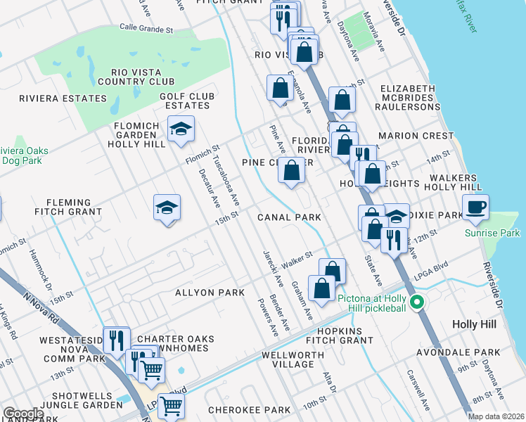 map of restaurants, bars, coffee shops, grocery stores, and more near 1493 Graham Avenue in Daytona Beach