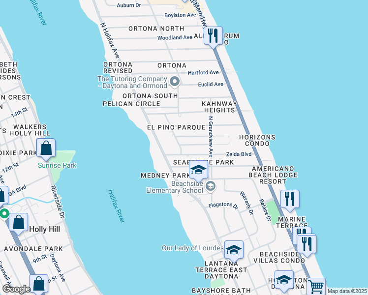map of restaurants, bars, coffee shops, grocery stores, and more near 1460 North Peninsula Drive in Daytona Beach