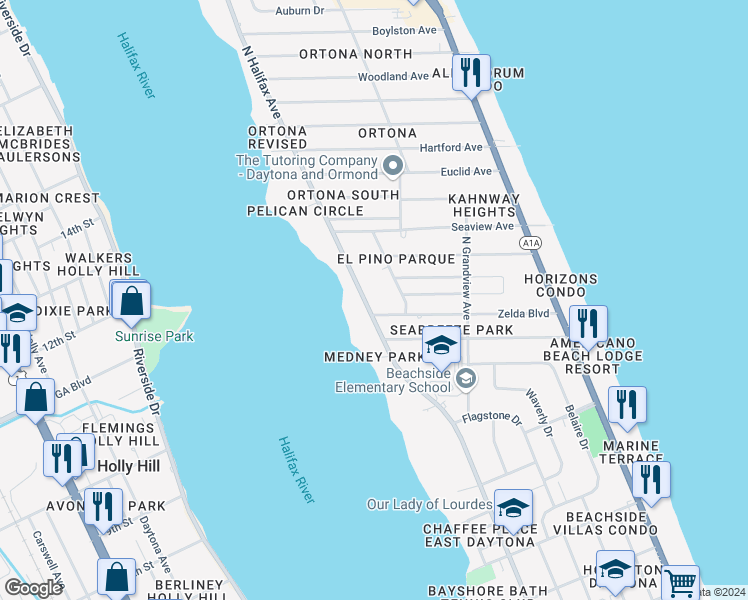 map of restaurants, bars, coffee shops, grocery stores, and more near 1412 North Halifax Avenue in Daytona Beach