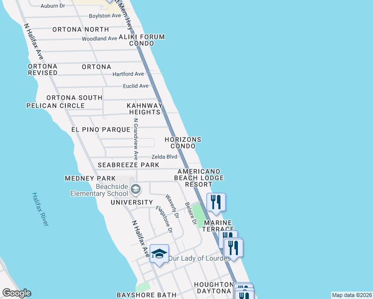 map of restaurants, bars, coffee shops, grocery stores, and more near 1400 North Atlantic Avenue in Daytona Beach