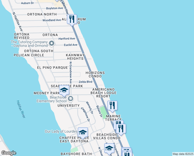 map of restaurants, bars, coffee shops, grocery stores, and more near 1400 North Atlantic Avenue in Daytona Beach