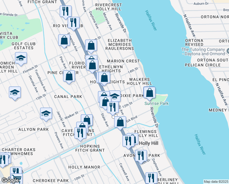 map of restaurants, bars, coffee shops, grocery stores, and more near 1302 Holly Avenue in Daytona Beach