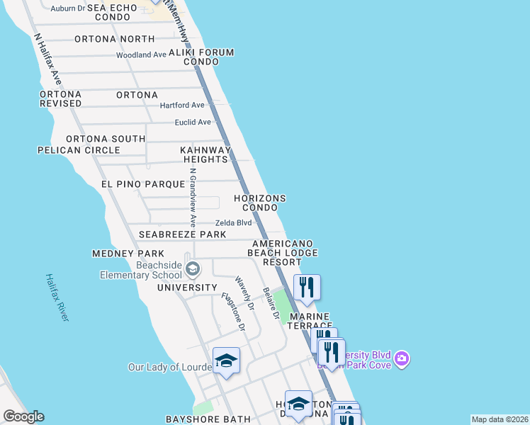 map of restaurants, bars, coffee shops, grocery stores, and more near 1400 North Atlantic Avenue in Daytona Beach