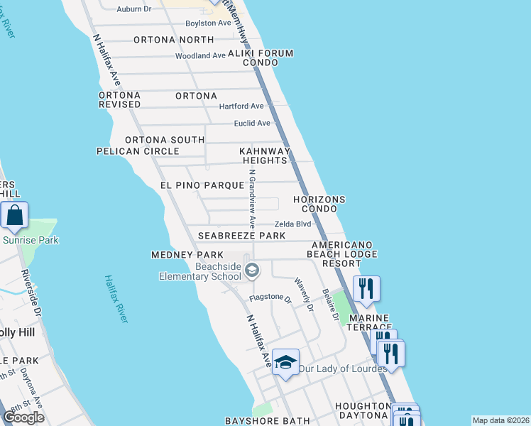 map of restaurants, bars, coffee shops, grocery stores, and more near 410 Flushing Avenue in Daytona Beach