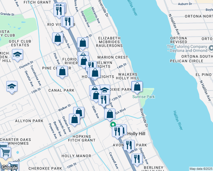 map of restaurants, bars, coffee shops, grocery stores, and more near 226 Walker Street in Daytona Beach