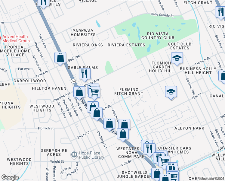 map of restaurants, bars, coffee shops, grocery stores, and more near 1626 Primo Court in Holly Hill