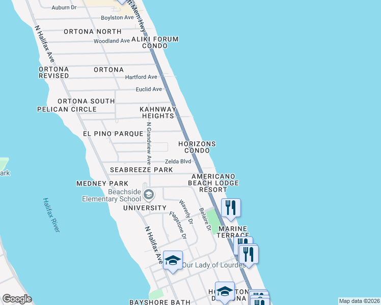 map of restaurants, bars, coffee shops, grocery stores, and more near 1433 North Atlantic Avenue in Daytona Beach