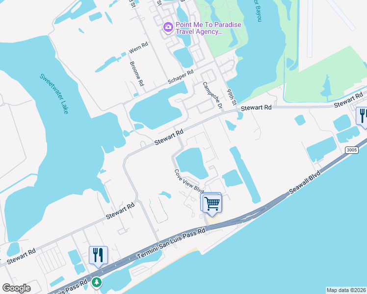 map of restaurants, bars, coffee shops, grocery stores, and more near 3108 Cove View Boulevard in Galveston