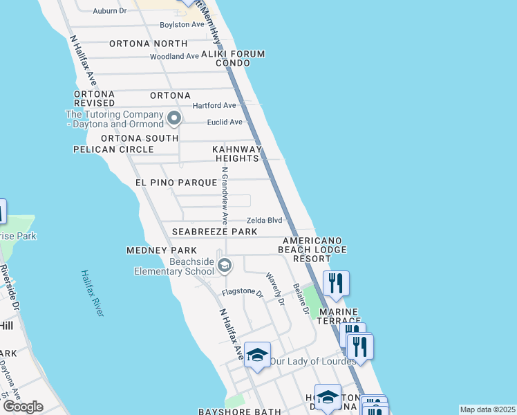 map of restaurants, bars, coffee shops, grocery stores, and more near 445 Zelda Boulevard in Daytona Beach