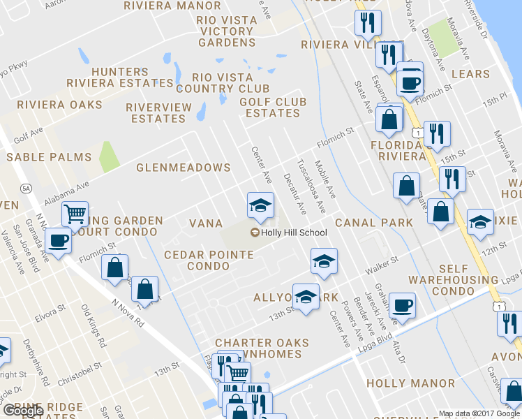 map of restaurants, bars, coffee shops, grocery stores, and more near 1566 Birmingham Avenue in Daytona Beach
