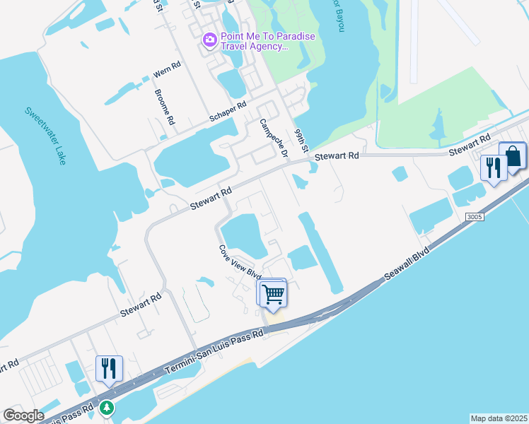 map of restaurants, bars, coffee shops, grocery stores, and more near 3102 Cove View Boulevard in Galveston