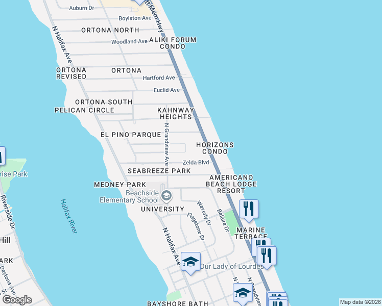 map of restaurants, bars, coffee shops, grocery stores, and more near 445 Zelda Boulevard in Daytona Beach