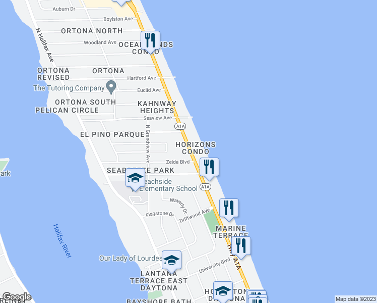 map of restaurants, bars, coffee shops, grocery stores, and more near 1445 North Atlantic Avenue in Daytona Beach