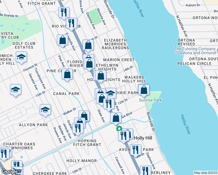 map of restaurants, bars, coffee shops, grocery stores, and more near 226 Walker Street in Daytona Beach