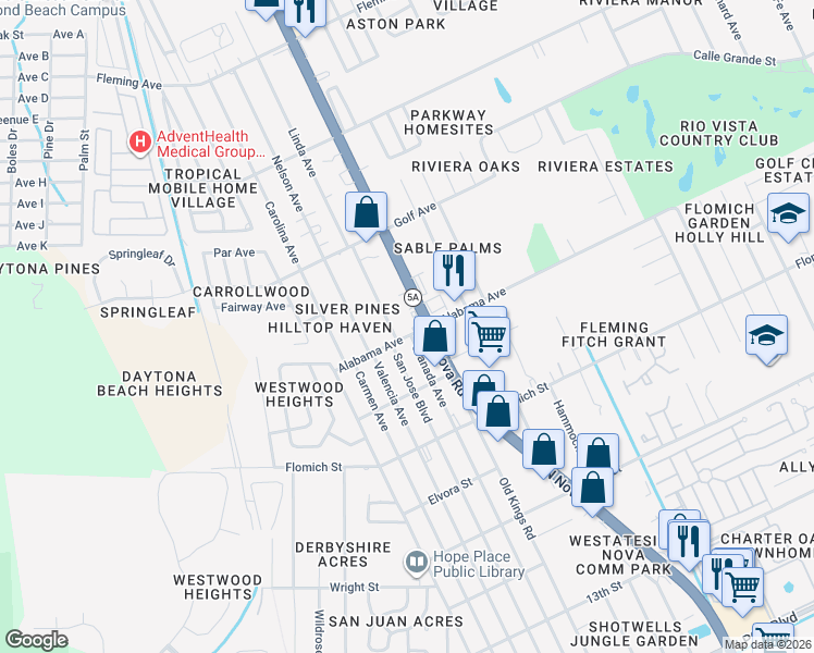 map of restaurants, bars, coffee shops, grocery stores, and more near 1208 Alabama Avenue in Holly Hill