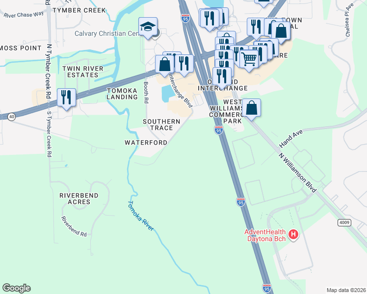 map of restaurants, bars, coffee shops, grocery stores, and more near 1680 Old Tomoka Road in Ormond Beach