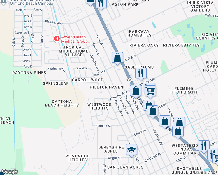 map of restaurants, bars, coffee shops, grocery stores, and more near 1723 Carolina Avenue in Ormond Beach