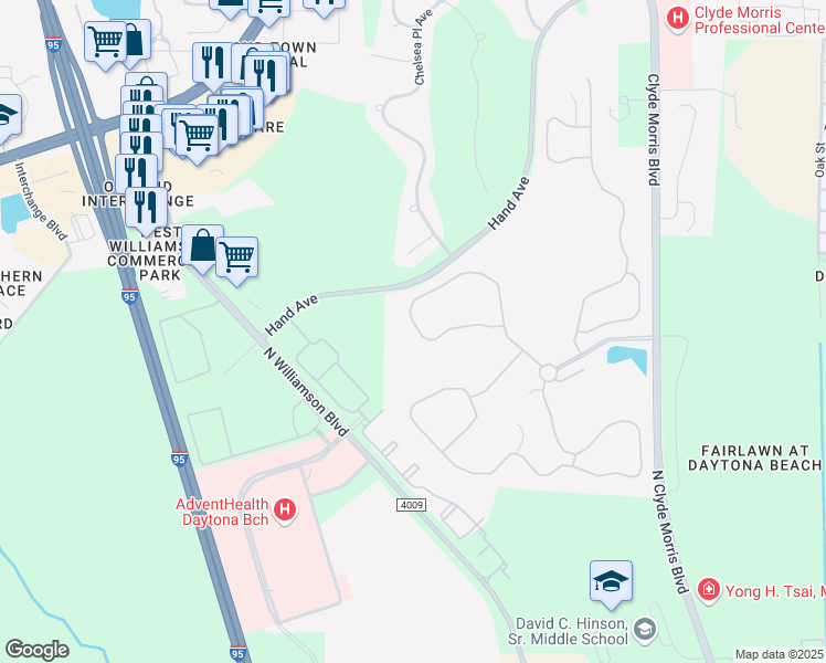 map of restaurants, bars, coffee shops, grocery stores, and more near 132 Cypress Grove Lane in Ormond Beach