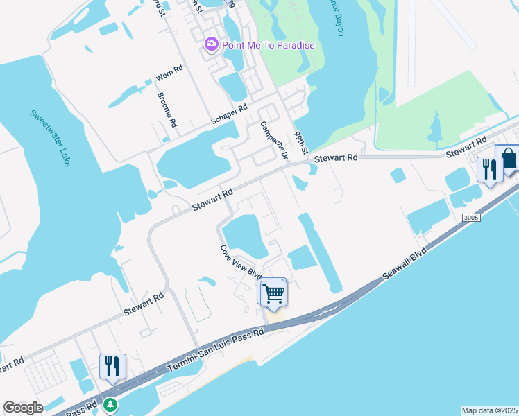 map of restaurants, bars, coffee shops, grocery stores, and more near 3102 Cove View Boulevard in Galveston