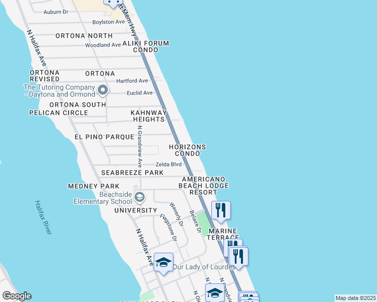 map of restaurants, bars, coffee shops, grocery stores, and more near 1420 North Atlantic Avenue in Daytona Beach