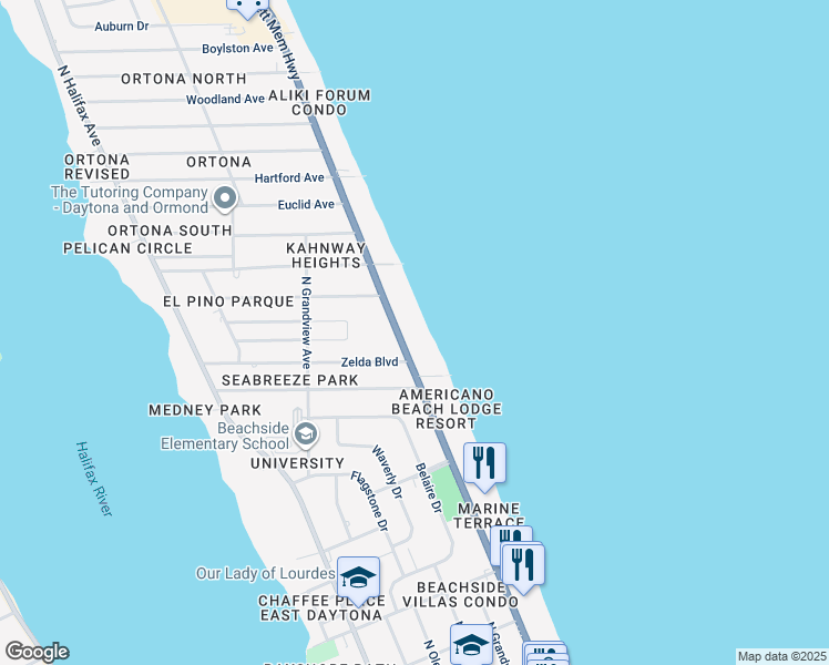 map of restaurants, bars, coffee shops, grocery stores, and more near in Daytona Beach