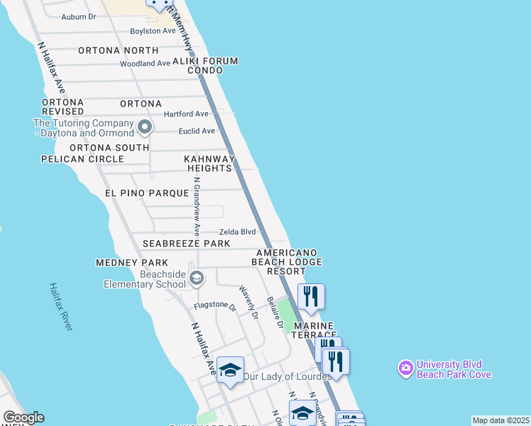 map of restaurants, bars, coffee shops, grocery stores, and more near in Daytona Beach