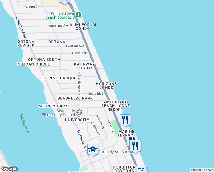 map of restaurants, bars, coffee shops, grocery stores, and more near in Daytona Beach