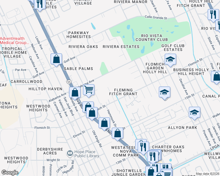 map of restaurants, bars, coffee shops, grocery stores, and more near 1626 Primo Court in Holly Hill