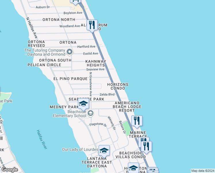 map of restaurants, bars, coffee shops, grocery stores, and more near 445 Zelda Boulevard in Daytona Beach